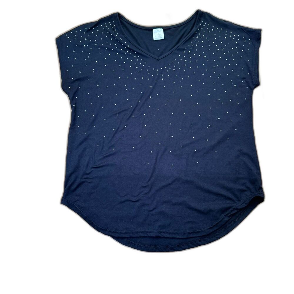 Linda Michael Black Rhinestone V-Neck Top Women’s Large Studded Blouse